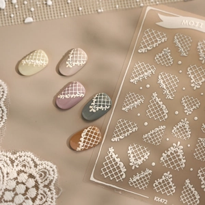 3D white lace pattern nail stickers with plaid texture for minimalist manicure art