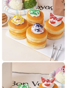 Set of 4 artificial souffle dessert models featuring realistic fruit toppings and cream details