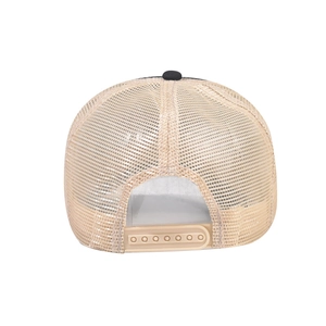 Detail view of the breathable mesh back and adjustable snapback closure on the trucker cap