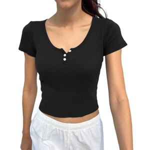 Women's Y2K V-neck ribbed knit short sleeve T-shirt with button detail in black color