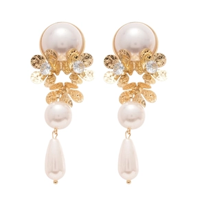 Elegant floral tassel pearl earrings with gold petals and sparkling cubic zirconia crystals