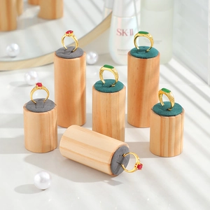 Solid Wood Ring Display Stand Cylindrical Jewelry Organizer Velvet Top Showcase Photography Prop