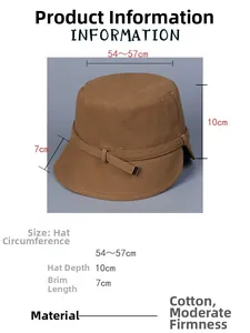 Detailed size specifications for cotton bucket hat with 54-57cm circumference and 7cm brim