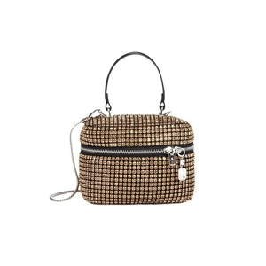 Sparkling gold rhinestone handbag with metal chain strap and black leather handle