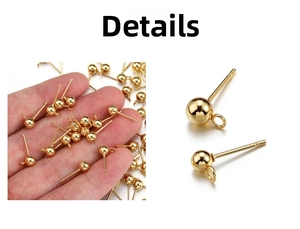 Close-up of gold plated stainless steel ball stud earrings with loop for DIY jewelry making