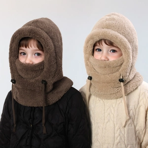 Detail of kids balaclava with adjustable drawstring in thick fleece and soft lining