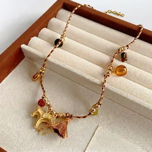 Retro woven horse pendant necklace with brown silk cord and luxury gold accents