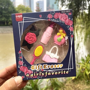 Detail of pink cartoon eraser set including lipstick and mirror shapes in gift box
