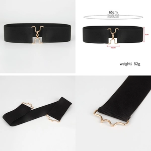 Detail view of 6cm wide black elastic belt with 4.5cm gold double ring buckle specs