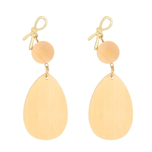 Summer wooden geometric drop earrings with gold bow studs and teardrop pendants