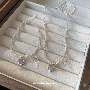 Silver bow necklace and bracelet set with pink heart charms and white pearls in box