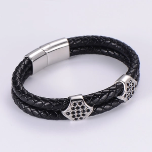 Bracciale In Pelle PU Intrecciata Multistrato Con Chiusura Magnetica In Acciaio Inossidabile Zirconia Nera Gioielli Punk Uomo