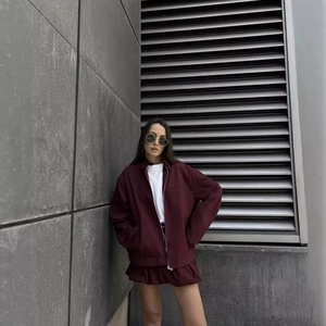 Vintage dark red jacket and bloomer shorts set for women in a stylish casual streetwear look