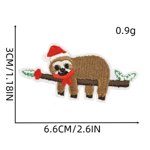 Christmas sloth embroidery patch dimensions showing 6.6cm width and 3cm height with 0.9g weight