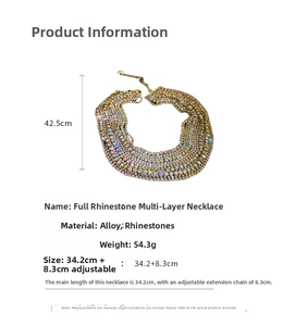Detail view of multi-layer rhinestone necklace showing 34.2cm length and 8.3cm extension
