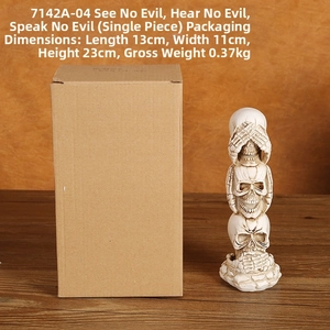 Three skulls stacked in see no hear no speak no evil pose with size dimensions