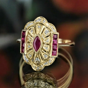 Bague Vintage Marquise Zircon Rouge Laiton Plqué Or Style Art Déco Palais Bijoux Élégants De Banquet Pour Femmes