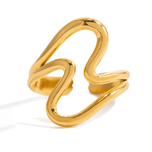 Minimalist 18k gold plated wave shaped stainless steel ring with polished open band