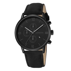 Detailed close-up of Geneva men's quartz watch with black leather strap and date display