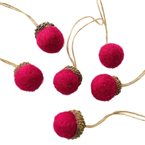 Set of 6 pink wool felt acorn ornaments with jute strings for Christmas tree decor