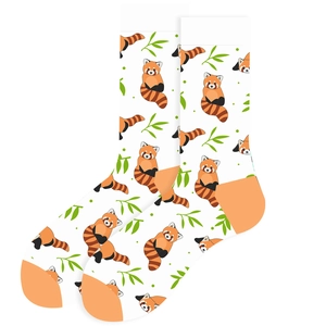 Detail of white mid-calf socks with red panda print and orange accents on a white background