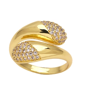 Golden geometric open ring for women with teardrop ends and sparkling zircon inlay