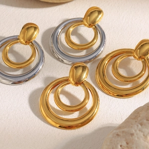 Boucles D'oreilles Puces Géométriques À Double Anneau Acier Inoxydable Plaqué Or 18K Bicolore Bijoux Pour Femmes