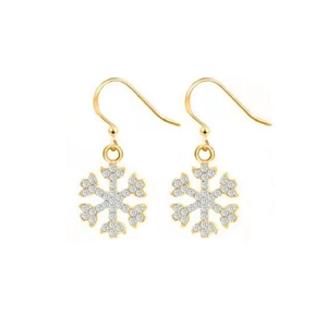 Close-up of snowflake dangle earrings with gold plating and sparkling crystal rhinestones