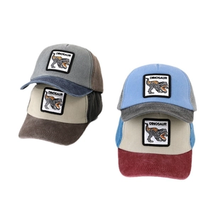 Four color-block kids' baseball caps with dinosaur embroidery on white background