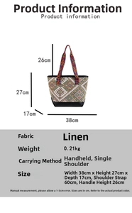 Size chart showing large linen tote bag dimensions 38x27x17cm with strap height 26cm