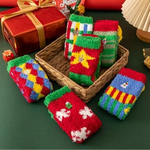 Cute Christmas coral fleece warm socks with reindeer and snowflake patterns in gift box