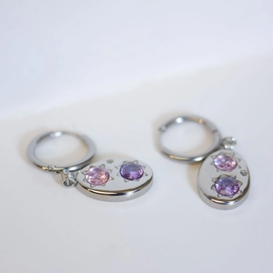 Vintage Stainless Steel Dangle Earrings With Pink And Purple Gemstones Oval Star Detail Geometric Jewelry For Women