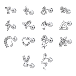 Set of 14 zircon studded screw back earrings with diverse shapes in polished silver finish