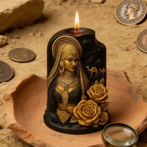 Candela profumata con rilievo 3D di donna araba e cammello con dettagli dorati