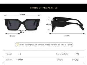 Detailed sizing chart and technical specifications for square frame PC sunglasses