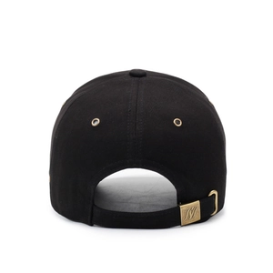 Rear view of black cotton baseball cap with adjustable metal buckle and embroidery