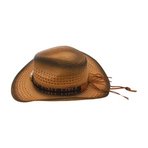 Detail of woven straw cowboy hat featuring ethnic pattern band and breathable eyelets