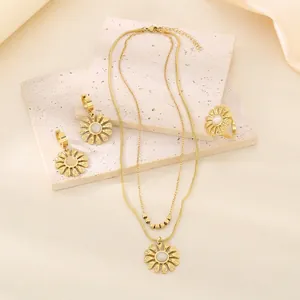 Stainless Steel Gold Plated Double Layer Daisy Flower Necklace Earrings Ring Elegant Vintage Women Accessories