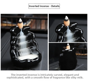 Detail of ceramic backflow incense burner showing silky smoke waterfall effect