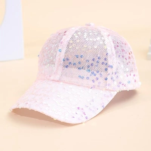 Detail of pink baseball cap featuring shimmering sequins and breathable mesh panels