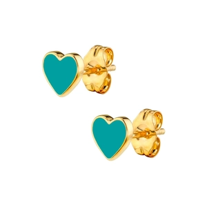 Macro shot of heart-shaped gold-rimmed stud earrings with mint green enamel inlay