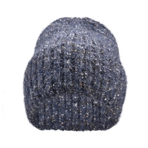 Detailed texture of navy blue knit beanie with colorful flecks and ribbed cuff finish