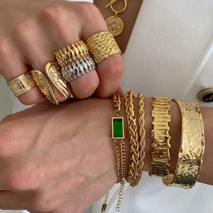 18k gold plated stainless steel geometric textured open bangle and assorted rings set