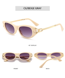 Vues détaillées de lunettes de soleil beige œil-de-chat avec accents dorés et verres dégradés