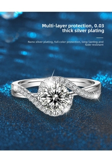 Detail view of silver halo ring featuring 0.03mm nano-plated plating for long-lasting color