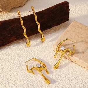 Vintage 18K gold plated stainless steel wave earrings and lava studs with zircons