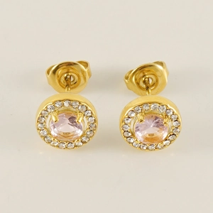 Double-layer 18K gold plated stainless steel stud earrings with pink and clear cubic zirconia