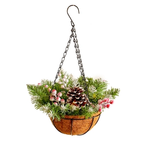 Artificial Christmas hanging basket with pine branches, red berries, and frosted pinecones