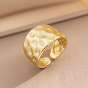 Hammered Copper Ring 18K Gold Plated Wide Band Open Adjustable Minimalist Vintage Jewelry For Women