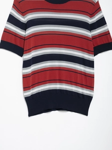 Detail shot of the ribbed crew neckline and high-density striped knit fabric texture